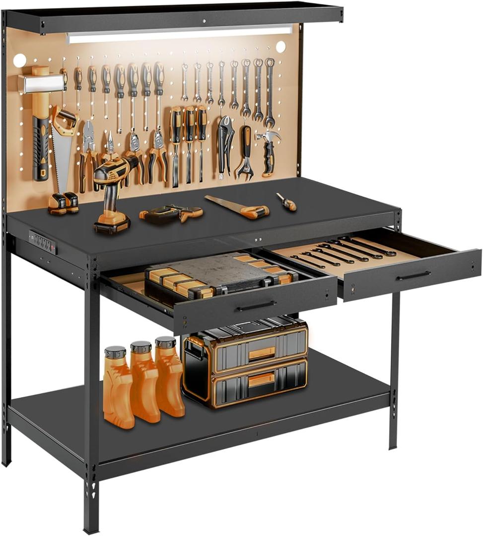 Work Bench, Garage Storage Workbench with Drawers Pegboard, Work Table, A3 Steel 600LBS Capacity Workbench for Garage Workshop Basement, Tool Table Bench, Dark Black