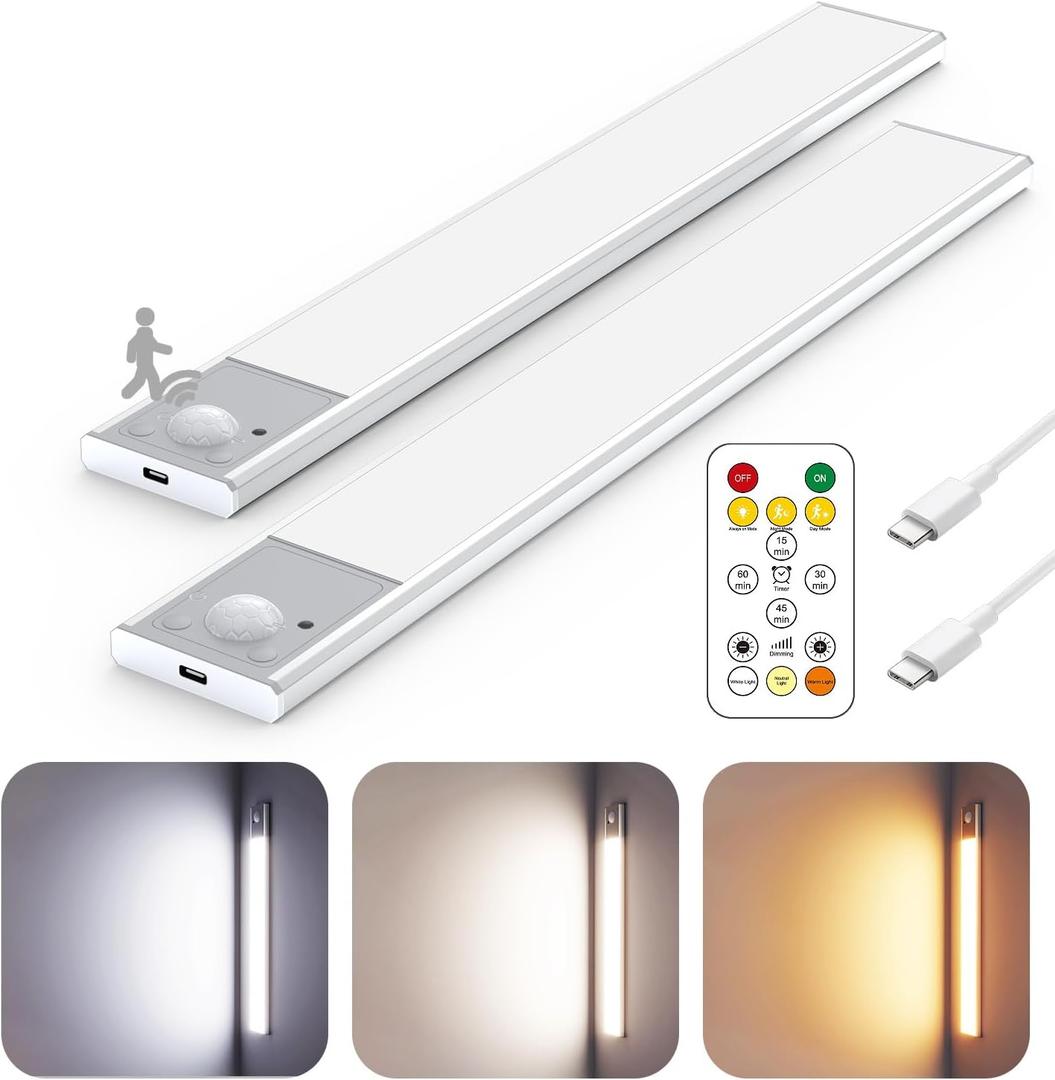 12" Ultra-Thin Under Cabinet Lighting Wireless, Aluminum Alloy Under Counter Lights for Kitchen, 3-Color-Temps Magnetic Closet Lights, Rechargeable Motion Sensor Light Indoor (2 Pack, Silver)