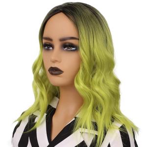 Green Wig Short Ombre Wavy Wigs for Women Heat Resistant Colorful Wig for Cosplay Halloween Party Use (12 inch)