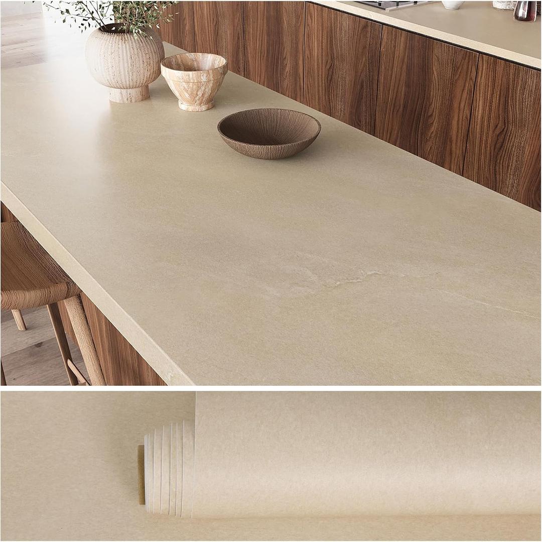 VEELIKE Matte Sandstone Marble Countertop Contact Paper 24''x354'' Counter Top Peel and Stick Waterproof Self Adhesive Neutral Beige Marble Contact Paper for Countertops Kitchen Vinyl Wrap Removable