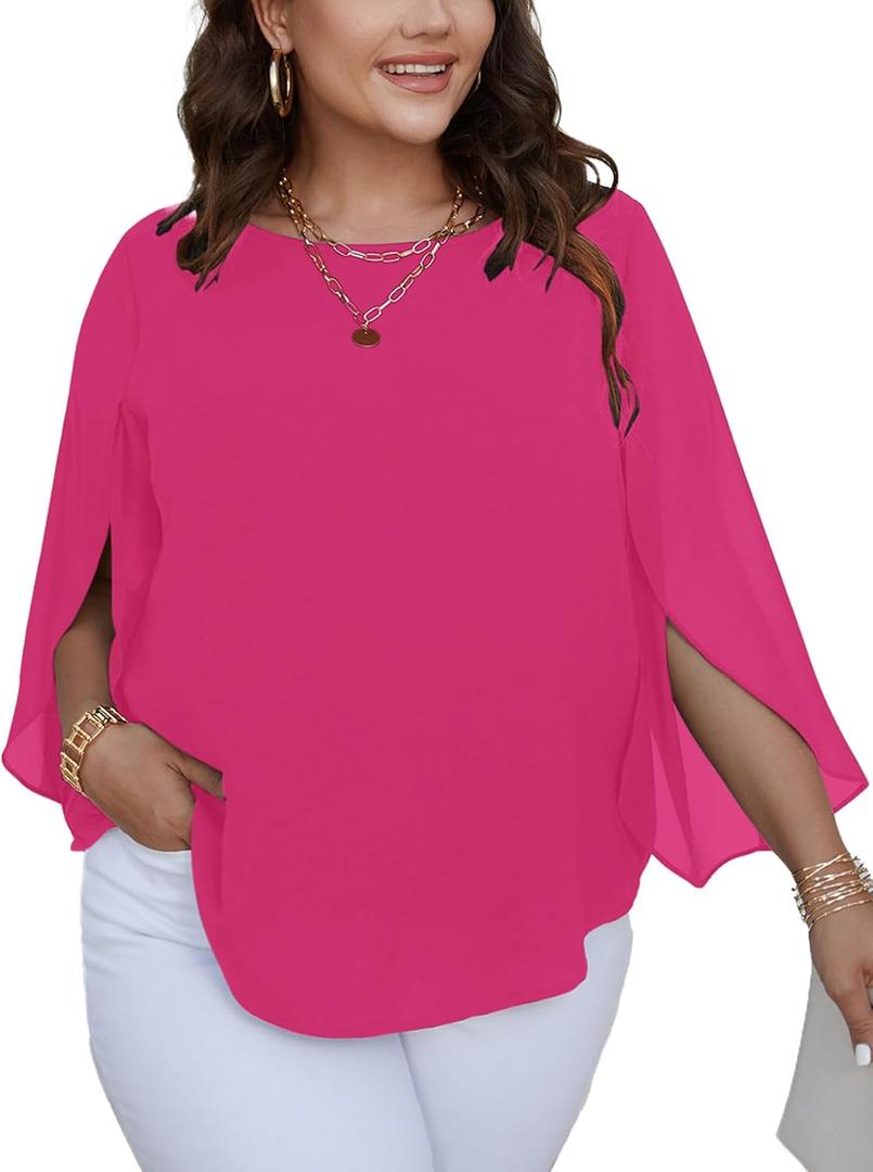 SCOMCHIC Plus Size Blouses for Women Summer Chiffon 3/4 Sleeve Tunic Tops Dressy Scoop Neck Casual Loose Flowy Shirts (X-Large Plus, Hotpink)