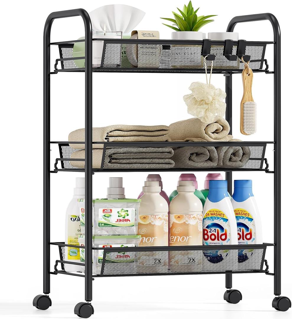 Metal Rolling Utility Cart, 3-Tier Mesh Wire Storage Trolley with Easy Assembly, Organizer Craft Cart 3 Hooks, Mobile Shelving Unit for Kitchen, Bathroom, Laundry Room, and Home (Black)
