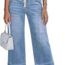 LRMQS Capri Pants for Women Casual Summer Drawstring Elastic Waist Straight Wide Leg Jeans Pant Stretch Pull on Denim Capris (Medium, Light Blue #4)