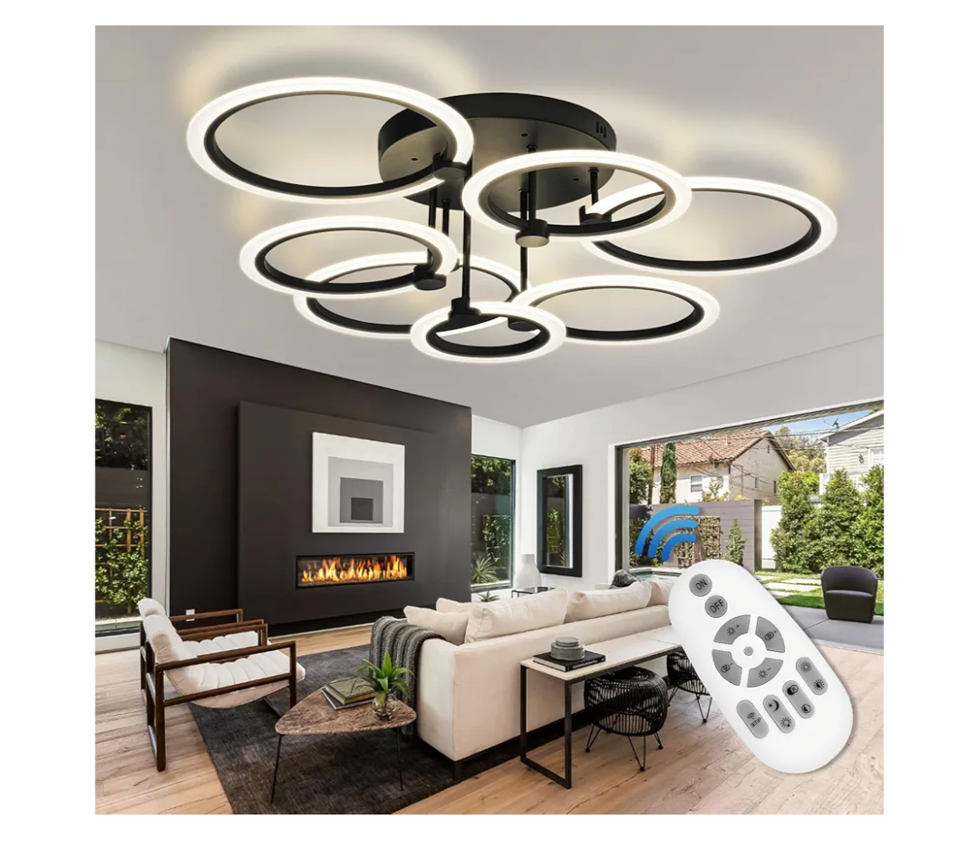 Modern LED Ceiling Light 7 Rings Dimmable Fixtures with Remote Black Close to Ceiling Light 31.8" 130W 3000K-6500K Flush Mount Ceiling Lamp for Living Room,Bedroom,Kitchen
