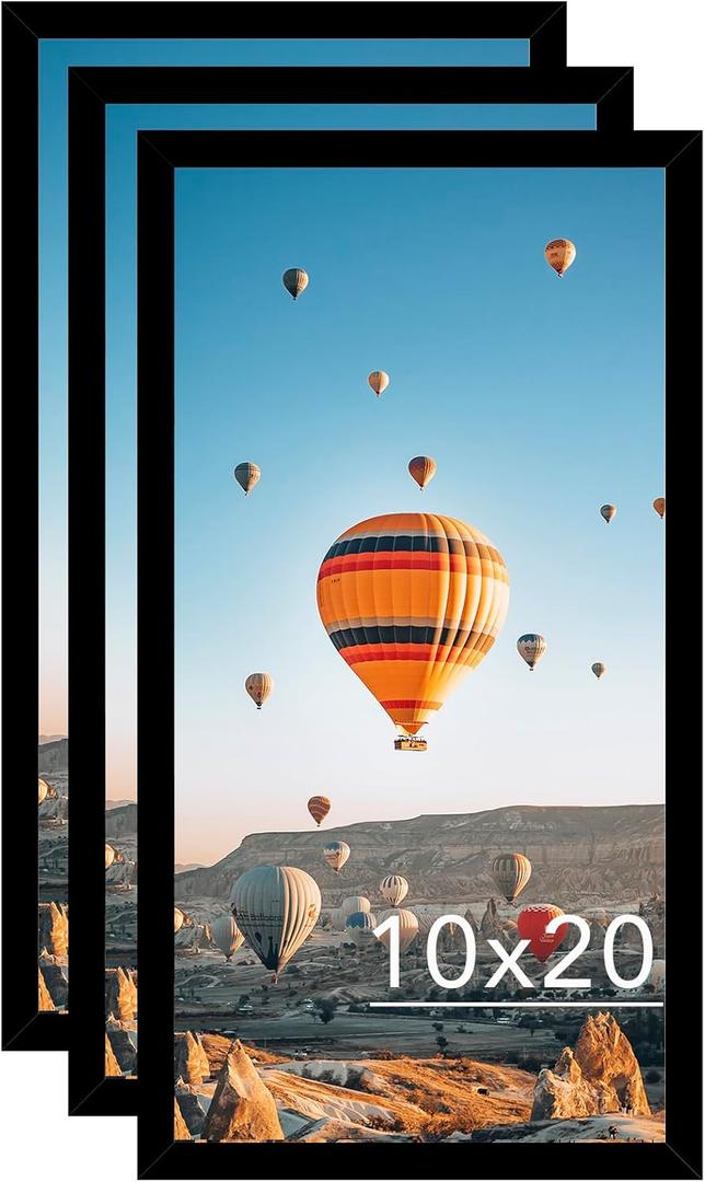 10x20 Picture Frame Set of 3 Black for Wall Hanging, Wall Mounting Horizontally or Vertically, 10 x 20 Wall Gallery Poster Photo Frame with Shatter Resistant Plexiglass, 3 Pack, Black