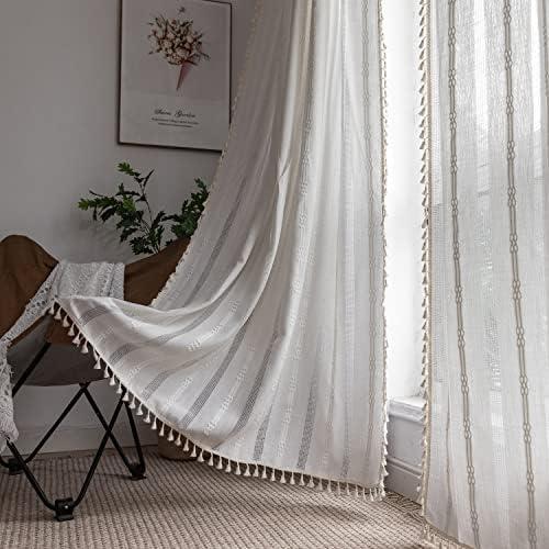 Boho Curtains for Bedroom Embroidery Striped Farmhouse 84 Inches Long 2 Pannels Set White Linen Light Filtering for Living Room Rod Pocket Drapes(52" W x 84" L,White)