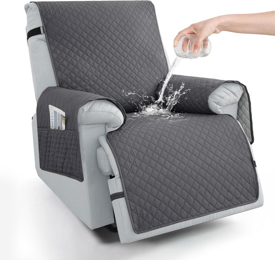 100% Waterproof Recliner Chair Covers 23.6", Non-Slip Recliner Cover for Chair with Pocket Washable Recliner Covers that Stay in Place with Elastic Straps for Dogs Cats Kids Pets-Gray