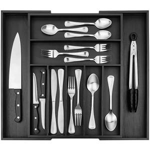 Purawood Bamboo Drawer Organizer - Expandable Silverware Organizer & Utensil Organizer, Cutlery Tray with Dividers, 7-9 Slots - Premium Kitchen Drawer Organizer for Utensils & Flatware (Black)
