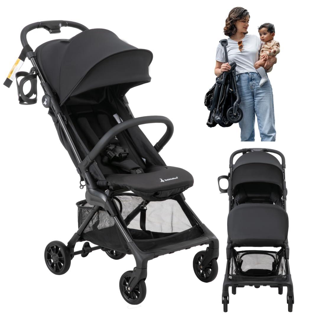 BabbleRoo Hoplite Compact Stroller  Lightweight Travel Stroller for Airplane (12.3 lbs), from Birth to 55 lbs, Easy Fold, PU Wheels, Alloy Frame, Near-Flat Recline, Cup Holder, Baby Stroller (Jet Black)