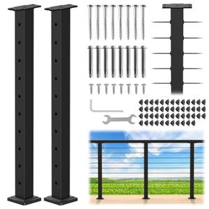 CKE 2 Pack 36" Level Drilled Cable Railing Post, Black Cable Railing Post(Post 35"x2"x2") for Deck Railing, Stainless Steel Flat Top Surface Level Line Post with Cable Grommet for Indoor Outdoor, LP02