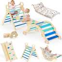BlueWood Pikler Triangle Set with Cushion, 8-in-1 Climbing Toys for Toddlers, Montessori Philosophy Play Jungle Gym with Arch, Ramp, Ladder(Sky Blue)