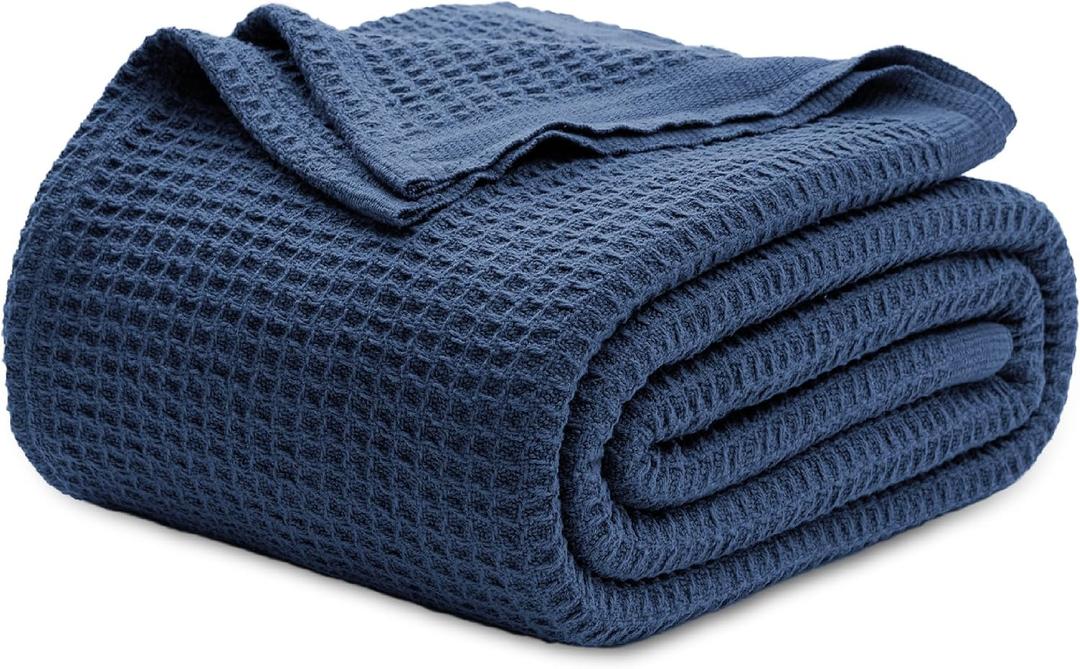 Bedsure Gentlesoft 100% Cotton Blanket Queen Size for Bed - Cooling Breathable and Soft for Summer, Thick Cozy Waffle Weave Blanket Gifts for Women, Navy, 90x90 Inches