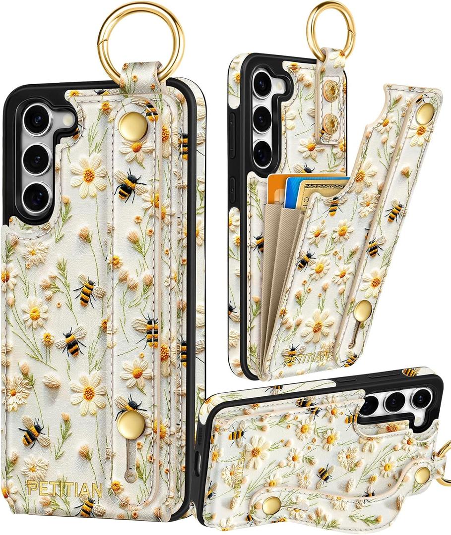 Petitian for Samsung Galaxy S23 Plus Case with Wallet - Women Girls Cute Girly Aesthetic Unique Design Leather Credit Card Holder Cardholder Stand Wristband for S23 Plus, Flower