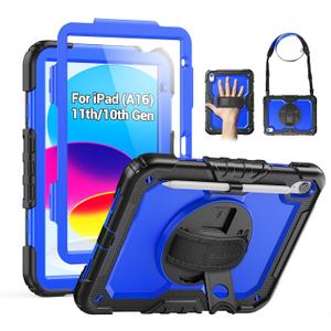 SEYMAC Case for iPad (A16) 11th/10th Generation 2025/2022 (11″/10.9″), Heavy Duty Full-Body Shockproof Protective Case with Screen Protector, Rotating Stand, Hand/Shoulder Strap, Black/Dark Blue