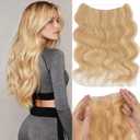 Rich Choices Halo Hair Extensions Real Human Hair Wavy Invisible Wire Remy Hairs Halo Extension for Women One Piece Clip in Hairpiece 16 Inch #18P613 Ash Blonde Highlight Bleach Blonde