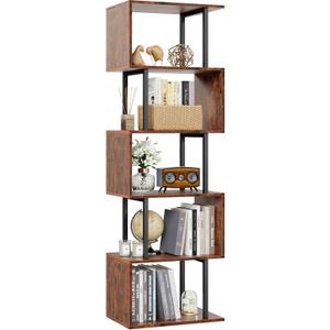Furologee 6 Tier Bookshelf, Tall S Shaped Geometric Bookcase, Modern Display Shelf Standing Unit, Wood Metal Decorative Divider Rack for Living Room Bedroom Office, Rustic Brown