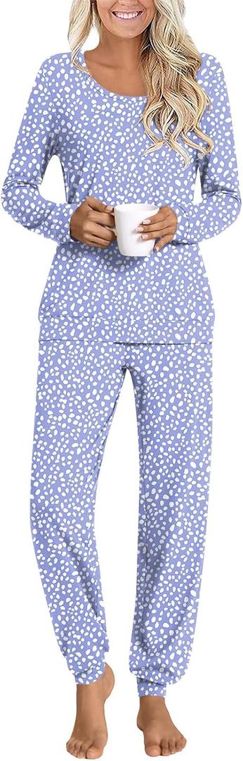 HOTGIFT Womens Pajamas Sets, 2 Piece Lounge Pjs Set Long Sleeve Long Pant Ladies Sleepwear with Pockets Spot Blue XX-Large