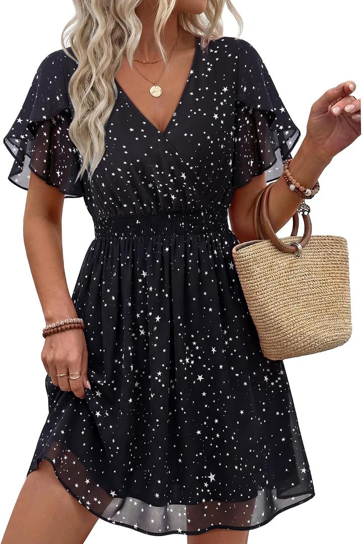 Womens Summer Ruffle Short Sleeve Dress V Neck Flowy Chiffon Layers Boho Dresses (M)
