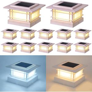 Dynaming 4x4 Solar Post Cap Lights Outdoor with 2 Color Modes, Fence Post Solar Lights White Shell Fit for Vinyl/Wooden Posts, High Brightness SMD LED Lighting Decor for Garden Deck Patio, 12 Pack