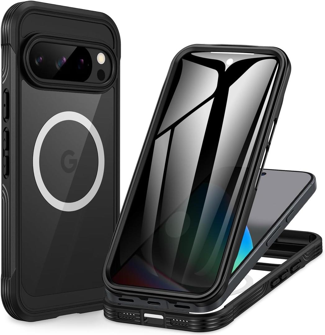 CENHUFO Magnetic Privacy for Google Pixel 10A Case, Full Body Phone Case with Built-in 9H Tempered Glass Privacy Screen Protector and Camera Protector, Shockproof Protective Anti Spy Cover - Black