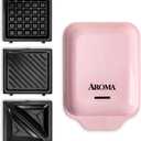 AROMA 3-in-1 Panini Press, Sandwich Grill, and Waffle Maker with Removable Ceramic Coated Plates (Pink)