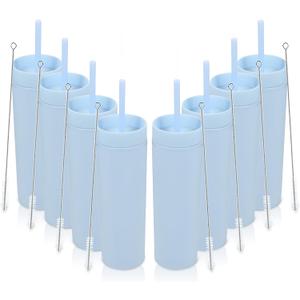 Volhoply 16oz Plastic Skinny Tumbler with Lid and Straw Bulk 8 Pack, Insulated Double Wall BPA Free Matte Acrylic Tumblers, Iced Coffee Travel Mug Reusable Party Cup, Gifts(Blue,8 Set)