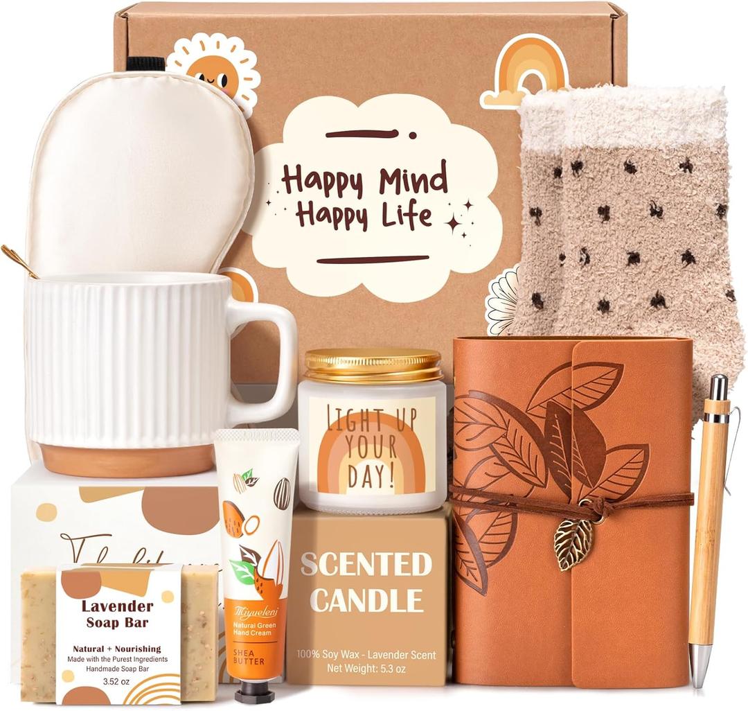 Gift Baskets for Women, 9pcs Unique Happy Birthday Gifts for Women, Thank You Basket Christmas Ideas Box w/Coffee Mug Her Mom Friend Teacher Coworker, Best Employee Appreciation Gifts