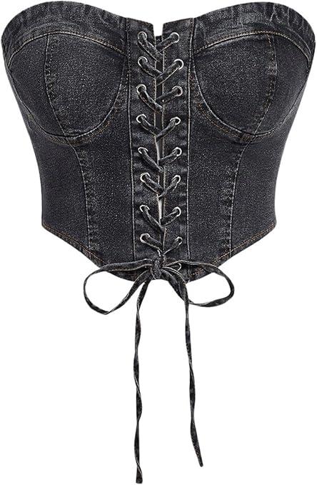 Women's Denim Tie Front Tube Tops Asymmetrical Hem Slim Fit Strapless Jean Bandeau Crop Top
 S