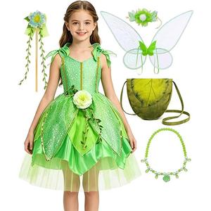 Fairy Princess Costume Set with Wings, Girls Forest Halloween Birthday Party Dress, Floral Wristband Wand 5-6T