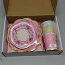 WorldBazaar Tea Party Disposable Tableware Set Pink Tea Party Supplies 12 Sets Floral Paper Tea Cups and Saucers Plates Napkins Tablecloth Pink Birthday Mothers Day Decorations Women Girls Adults
