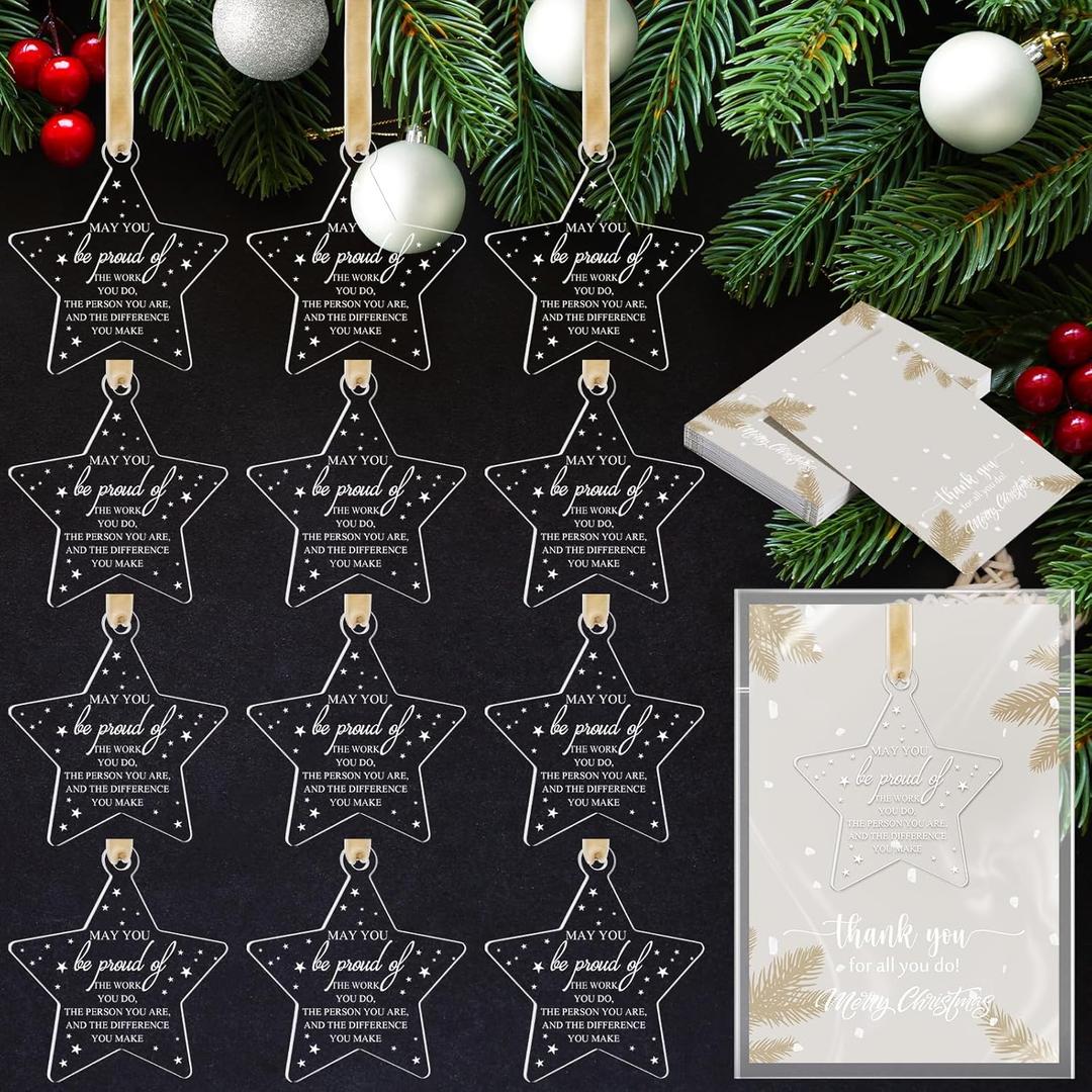 Kasyat 24 Sets Christmas Employee Appreciation Gift Acrylic Hanging Ornament Bulk Star Pendant Ornament for Christmas Tree with Thank You Card for Coworker Team Nurse Teacher Gift (Be Proud Sign)