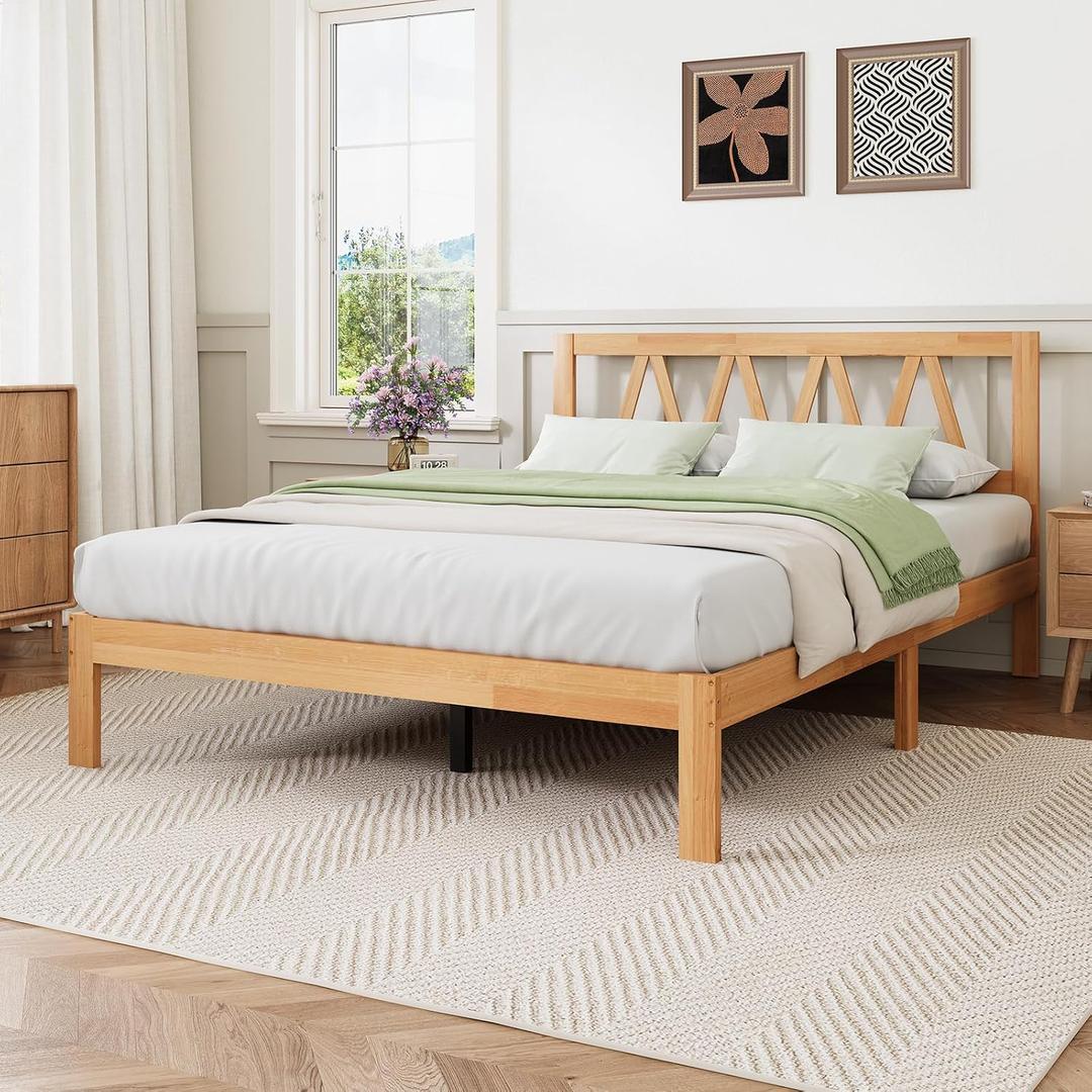 Novilla 12 Inch Queen Bed Frame with Headboard Bed Frame Queen Size Solid Wooden Bed Frame Foundation with Wood Slat Support, No Box Spring Needed, Easy Assembly, Natural Grain Wood