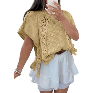 Saodimallsu Womens Summer Crochet Sweaters Batwing Cap Sleeve Cable Knit Crewneck Side Tie Casual Pullover Tops (Large, Khaki)