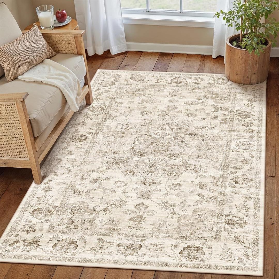 3x4 Washable Neutral Area Rug Beige Vintage Entryway Office Carpet Non-Slip Soft Low Pile Farmhouse Throw Rug for Entrance Living Room Bathroom Dining Room