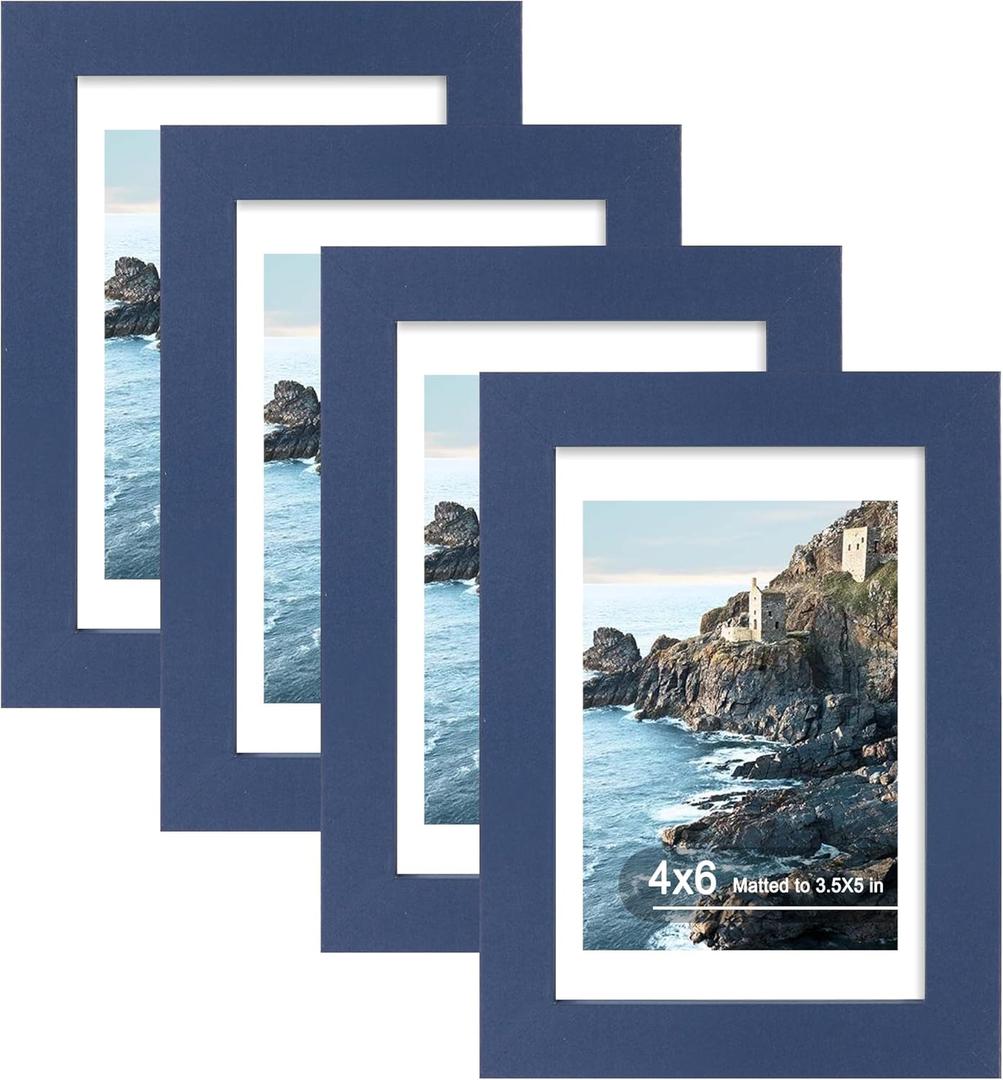 Hongkee 4x6 Picture Frame (4 Pack, Blue), Made of Real Glass and Wooden Frame - Display Pictures 3.5x5 with Mat or 4x6 Without Mat, 4 by 6 Photo Frames TableTop Display and Wall Mounting