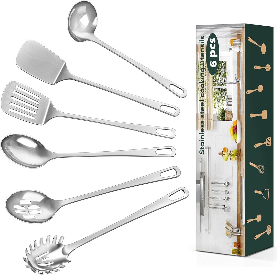 6 Pcs Cooking Utensils Set, Stainless Steel Kitchen Utensils, Heat Resistant Metal Kitchen Tools Include Solid & Slotted Turner Wok Spatula, Serving Spoon, Ladle, Pasta Server, Easy to Clean, Silver