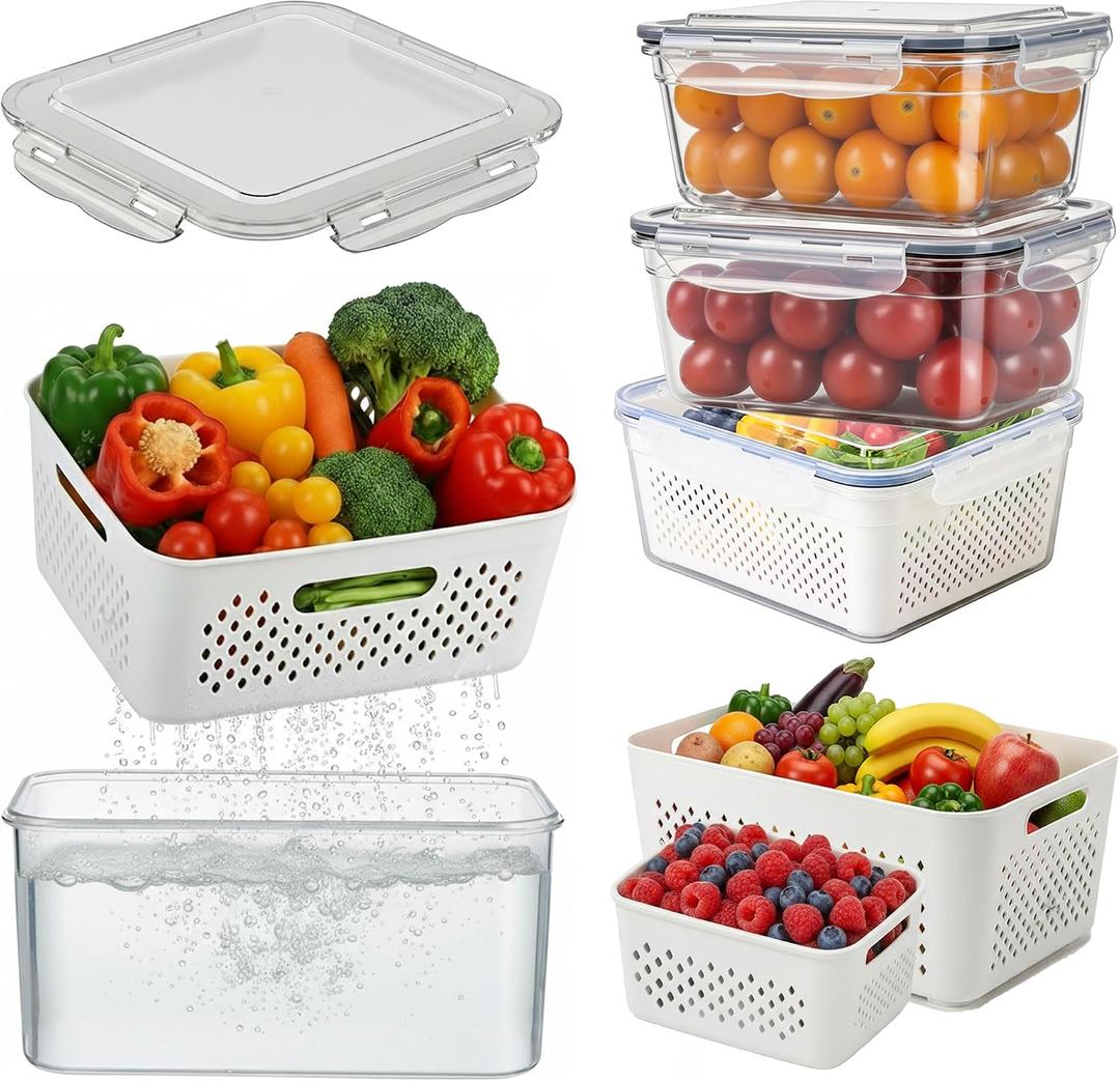5 Pack Large Fruit Storage Containers for Fridge with Removable Colander-Plastic Food Storage Containers with Lids Airtight-Leak Proof Refrigerator Organizers and Storage of Vegetable -Produce Storage