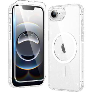 FNTCASE for iPhone 17e & iPhone 16e Case Clear: Magnetic Phone Cases Compatible with Magsafe Slim Anti Yellowing Military Grade Drop Protection Transparent Cell Cover (B-Glitter Magnetic)