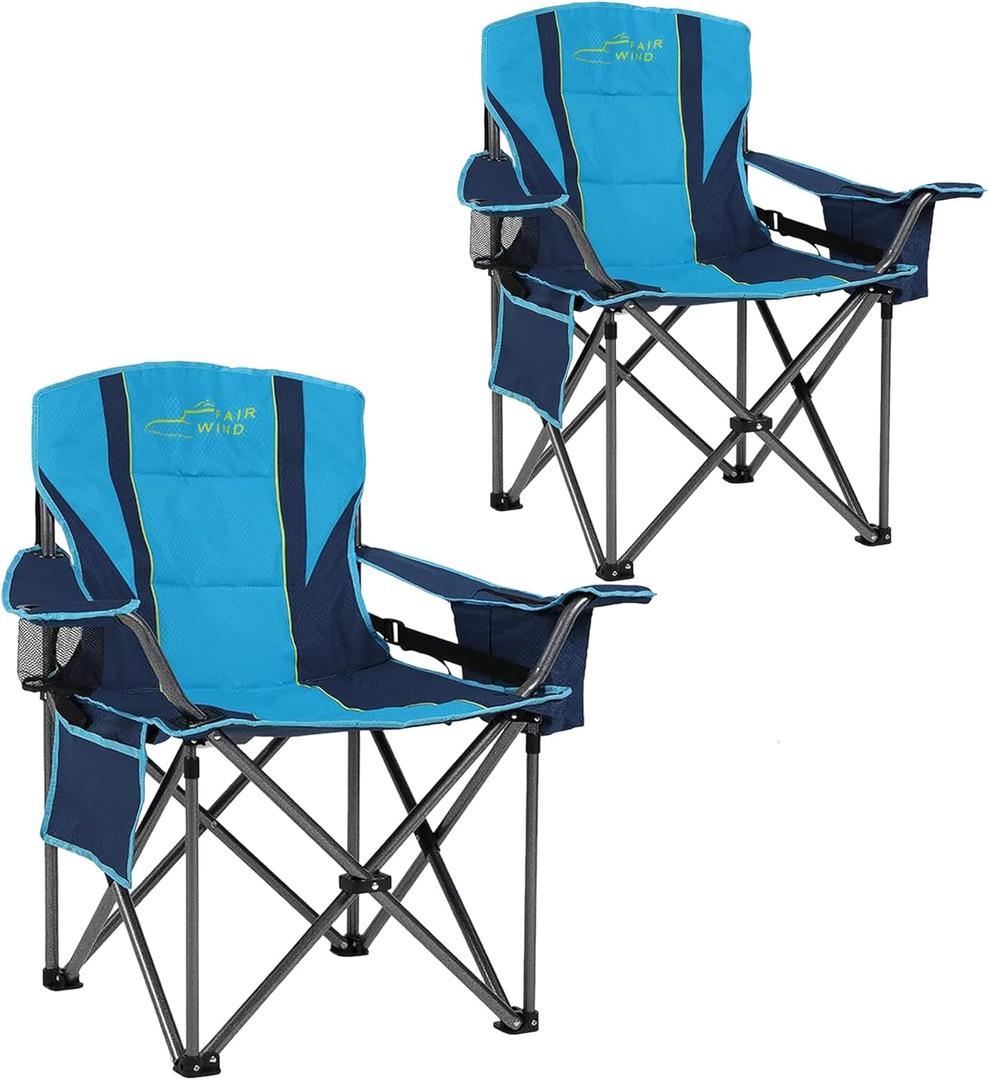 FAIR WIND 2 Pack Oversized Fully Padded Camping Chair with Lumbar Support, Heavy Duty Cooler Bag Fold Chair Support 450 LBS, Blue Green