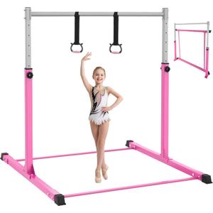 Safly Fun Gymnastics Bar for Kids Ages 3-15 | Sturdy Steel Home Gym, Adjustable Height (3 to 5 ft) with Anti-Slip Base, Easy Assembly (Pink)