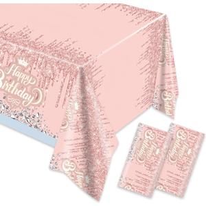 Egami 2pcs Pink and Silver Happy Birthday Party Tablecloth Glitter Diamonds Happy Birthday Tablecloth boy Girl Party Supplies Decorations 70 inch x 51 inch for Pink and Silver Birthday Party Supplies