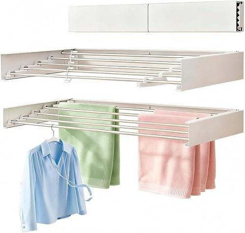 Dometrix Wall Mount Clothes Drying Rack 23", 50lbs Capacity, Foldable White | Hidden Space Saver for Laundry with Wall Template, 5 Stainless Steel Rods, Outdoor and Indoor
