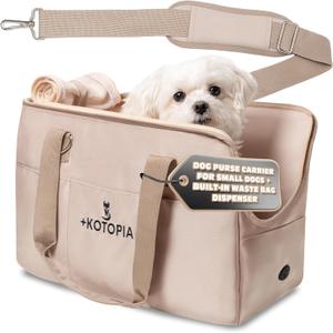 Dog Purse Carrier for Small Dogs – Soft-Sided Travel Tote with Top Mesh, Built-In Poop Bag Dispenser (Bags Not Included) & Shoulder Strap – For Pets up to 12 lbs – 16"x7.5"x12