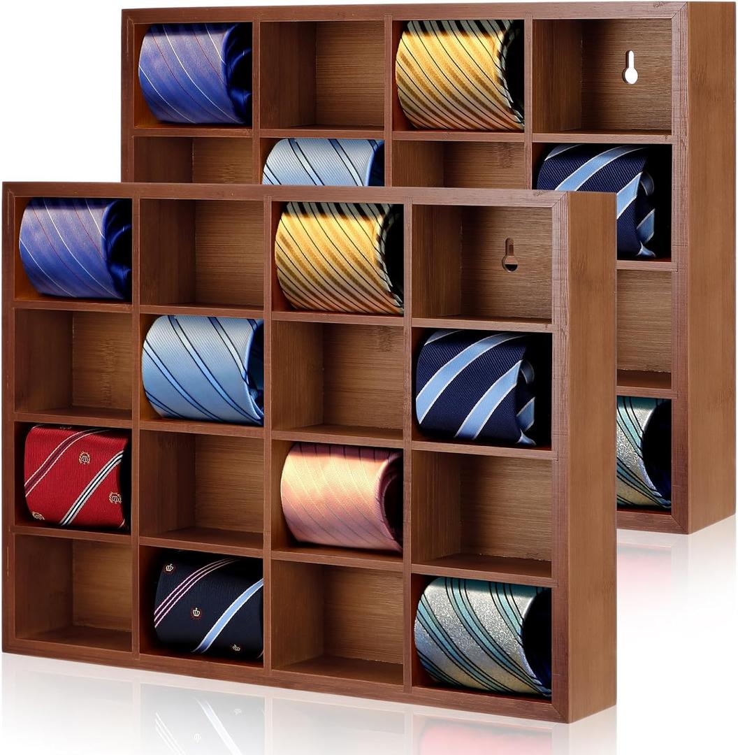 Wesiti Tie Box Organizer Wall Mounted Tie Rack with 16 Compartments Bamboo Belt Holder for Men Scarf Necktie Home Wall Closet(Dark Brown Color,2 Piece)