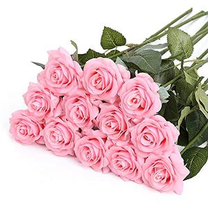 IPOPU 12Pcs Pink Roses Artificial Flowers Pink Flowers Artificial for Decoration Real Touch Silk Flowers Floral Arrangement for DIY Wedding Bridal Shower Centerpieces Party Decorations (Light Pink)