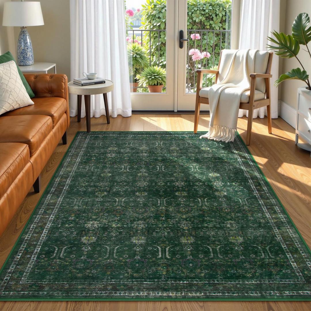 Moynesa Green 8x10 Living Room Rug, Vintage Washable Area Rug for Bedroom Dining Room Office, Low Pile Soft Non-Slip Retro Accent Carpets for Kitchen Indoor Nursery