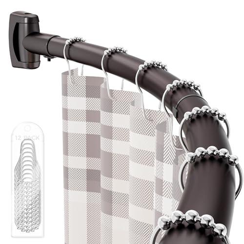 ENJOYBASICS Curved Shower Curtain Rod with Shower Rings, Adjustable Round Bathroom Rod for Extra Space, Rustproof, Need to Drill, Bronze, 35-77 Inches