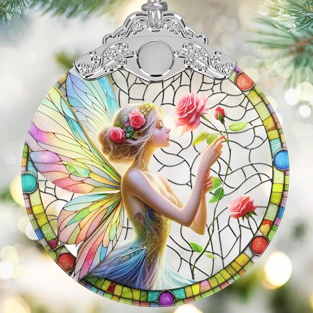 Enchanting Fairy & Rose Stained Glass Hanging Decor - Christmas Tree Ornament - Gift for Women, Mom