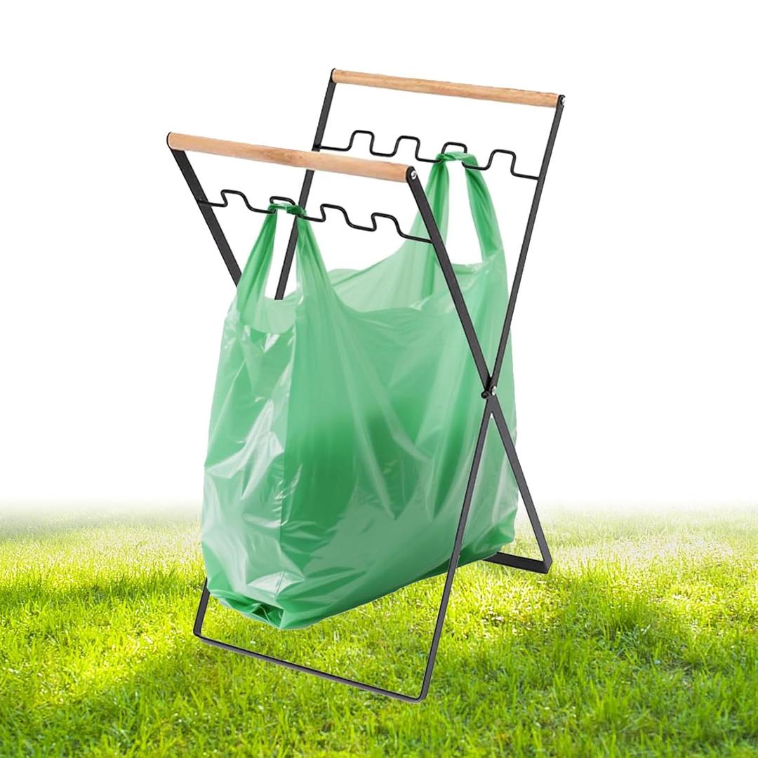 Foldable Trash Bag Holder for Camping, Heavy Duty 15 Gallon Outdoor Garbage Can Stand , No Assembly Iron Construction, Holds 4 Plastic Grocery Bags, Portable Wood Handle for Picnic, Beach, Party,BBQ