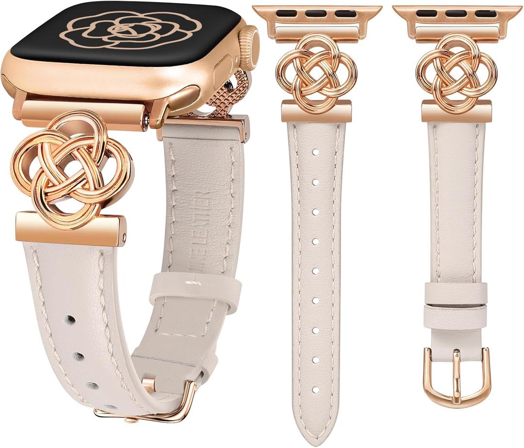 Wearlizer Slim Leather Band Compatible with Apple Watch Bands Women 41/40/38/42/44/45/46/49mm, Dressy Fancy Designer Celtic Knot Thin Strap for iWatch Series 11 10 9 8 7 6 5 4 3 SE/Ultra 3 2 1 (Starlight/Rose Gold)